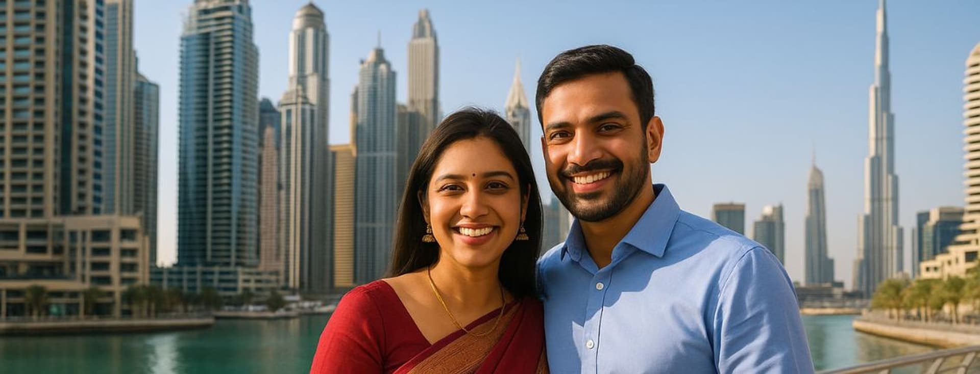 Indian couple standing by the waterfront in Downtown Dubai