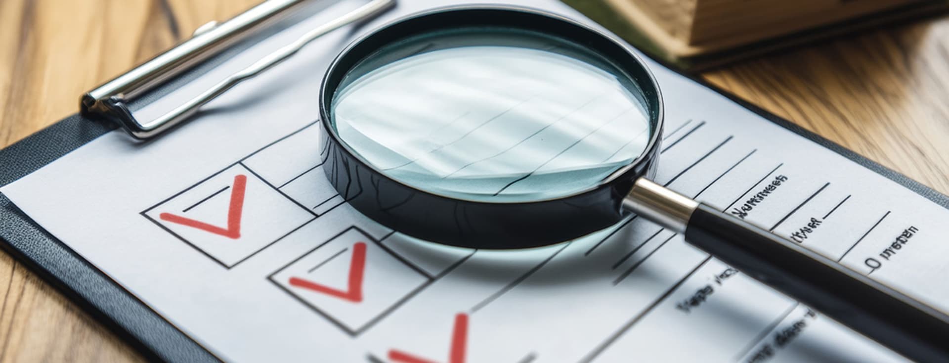 Lupe auf einer Checkliste mit roten Häkchen auf einem Klemmbrett, das auf einer Holzoberfläche liegt.