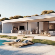 Modern minimalist house with large glass doors, outdoor seating, and a rectangular pool. Surrounded by trees under a clear blue sky.