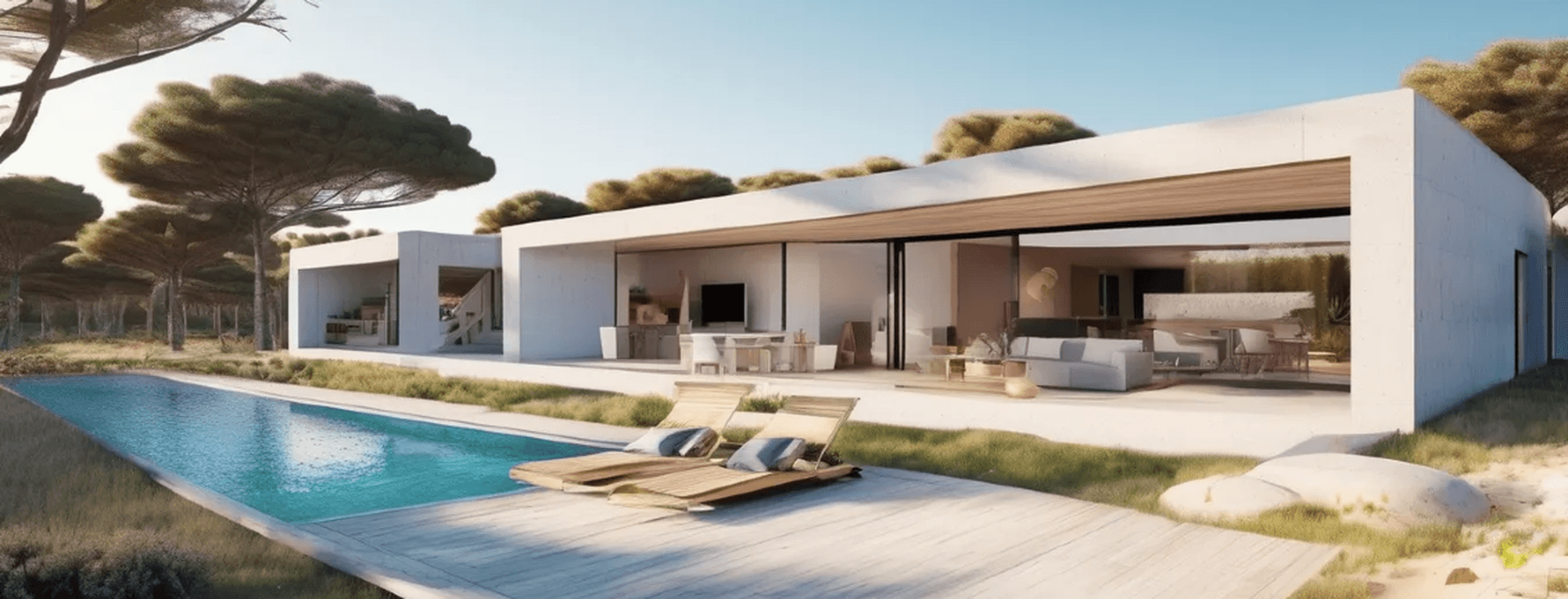 Modern minimalist house with large glass doors, outdoor seating, and a rectangular pool. Surrounded by trees under a clear blue sky.