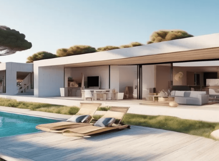 Modernes, minimalistisches Haus mit großen Glastüren, Sitzgelegenheiten im Freien und einem rechteckigen Pool. Umgeben von Bäumen unter einem klaren blauen Himmel.