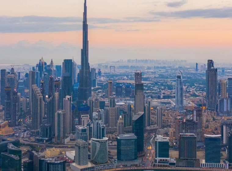 Downtown Dubai skyline and Business Bay water canal