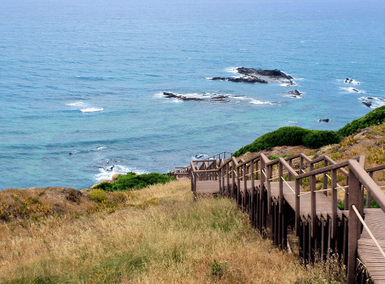 Holzsteg, der einen grasbewachsenen Hügel hinab zu einer felsigen Küste führt, mit einem weiten, ruhigen Ozean unter klarem Himmel.