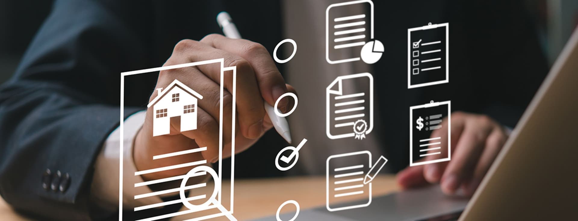 Person using a laptop with overlay icons of documents, checklists, and graphs, symbolizing digital document management.