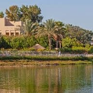 A serene view of villas in Arabian Ranches, surrounded by lush greenery and a tranquil lake, with a man walking along the water’s edge, representing one of Dubai’s best villa communities for luxurious living.