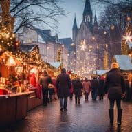A festive Christmas market with people walking between wooden stalls adorned with lights and decorations, set against a backdrop of a church.