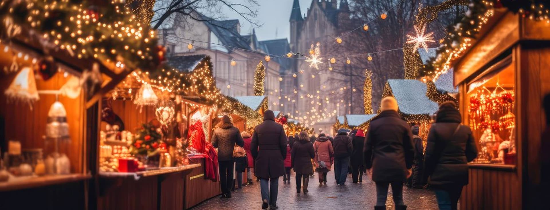 A festive Christmas market with people walking between wooden stalls adorned with lights and decorations, set against a backdrop of a church.