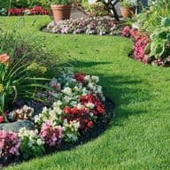 Ein lebendiger Garten mit geschwungenen Blumenbeeten voller bunter Blüten und üppigem Grün auf einem gepflegten Rasen.