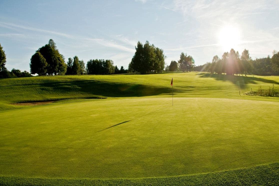 Sonnenbeschienenes Golfgrün mit Flagge und malerischer Natur im Hintergrund