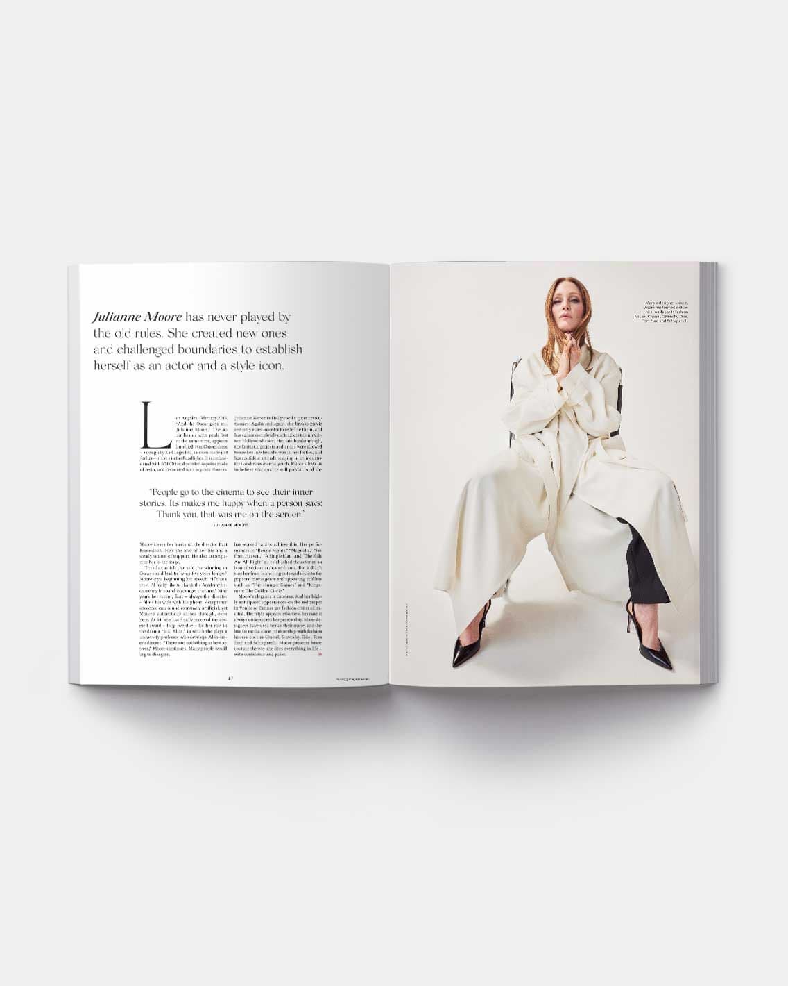 Open magazine spread: left article page; right, full-page portrait of a woman seated in a long cream coat and black heels.