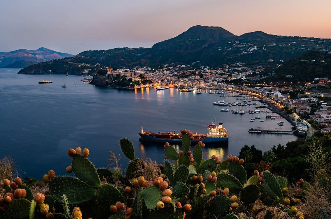 Landschaftliche Ansicht einer Küstenstadt in der Abenddämmerung mit beleuchteten Gebäuden, Booten im Hafen, Bergen im Hintergrund und Kakteen im Vordergund.