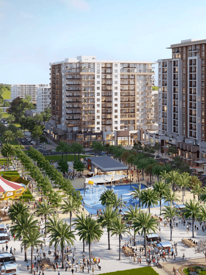 Gemeinschaftsplatz in Odessa mit Wohngebäuden, gestalteten Gehwegen, palmengesäumten Aussenbereichen und familienfreundlichen Freizeitzonen.