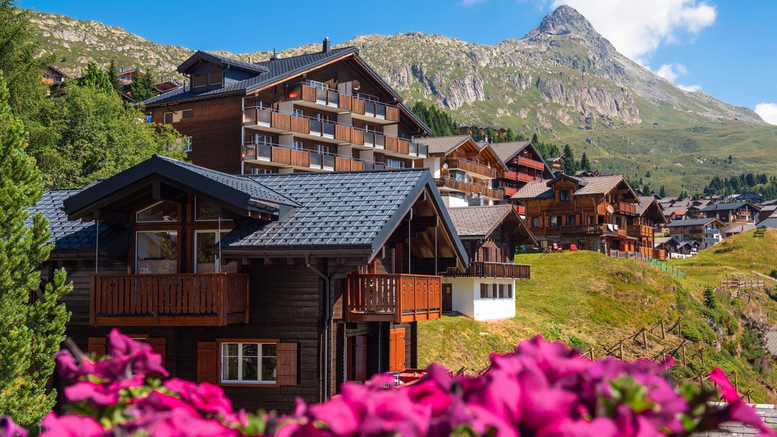 Idyllic tourist resort of Bettmeralp is located in the Bernese Alps on the northern slope above the Rhone Valley in Upper Valais in Switzerland