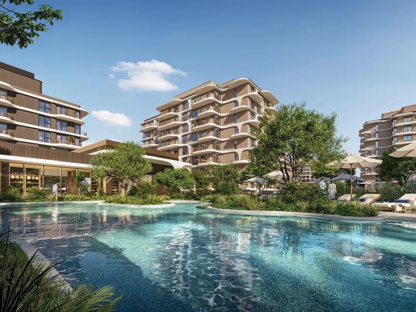 Modern resort with a large swimming pool, loungers and umbrellas, surrounded by multi-story beige buildings and lush greenery. KI-generiertes Bild