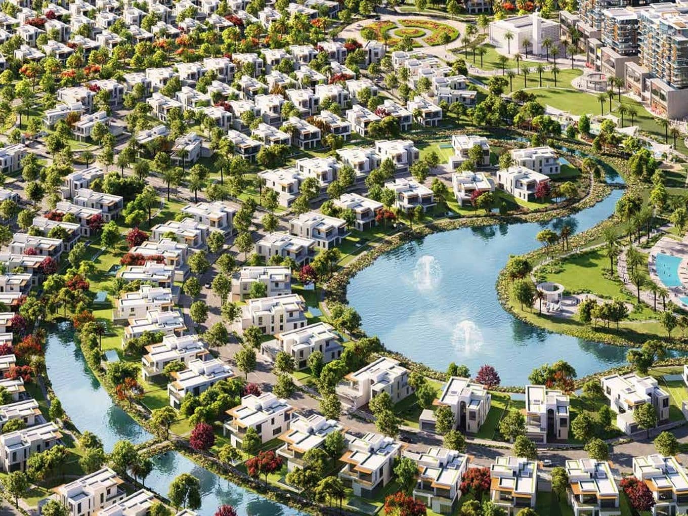 Modern row of townhouses at Hayat Residences, featuring tree-lined streets, landscaped sidewalks, and contemporary architecture with private carports.