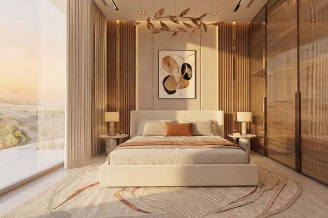 Luxurious bedroom with a large bed, abstract wall art, modern lighting, floor-to-ceiling windows, and warm, neutral tones reflecting sunlight.