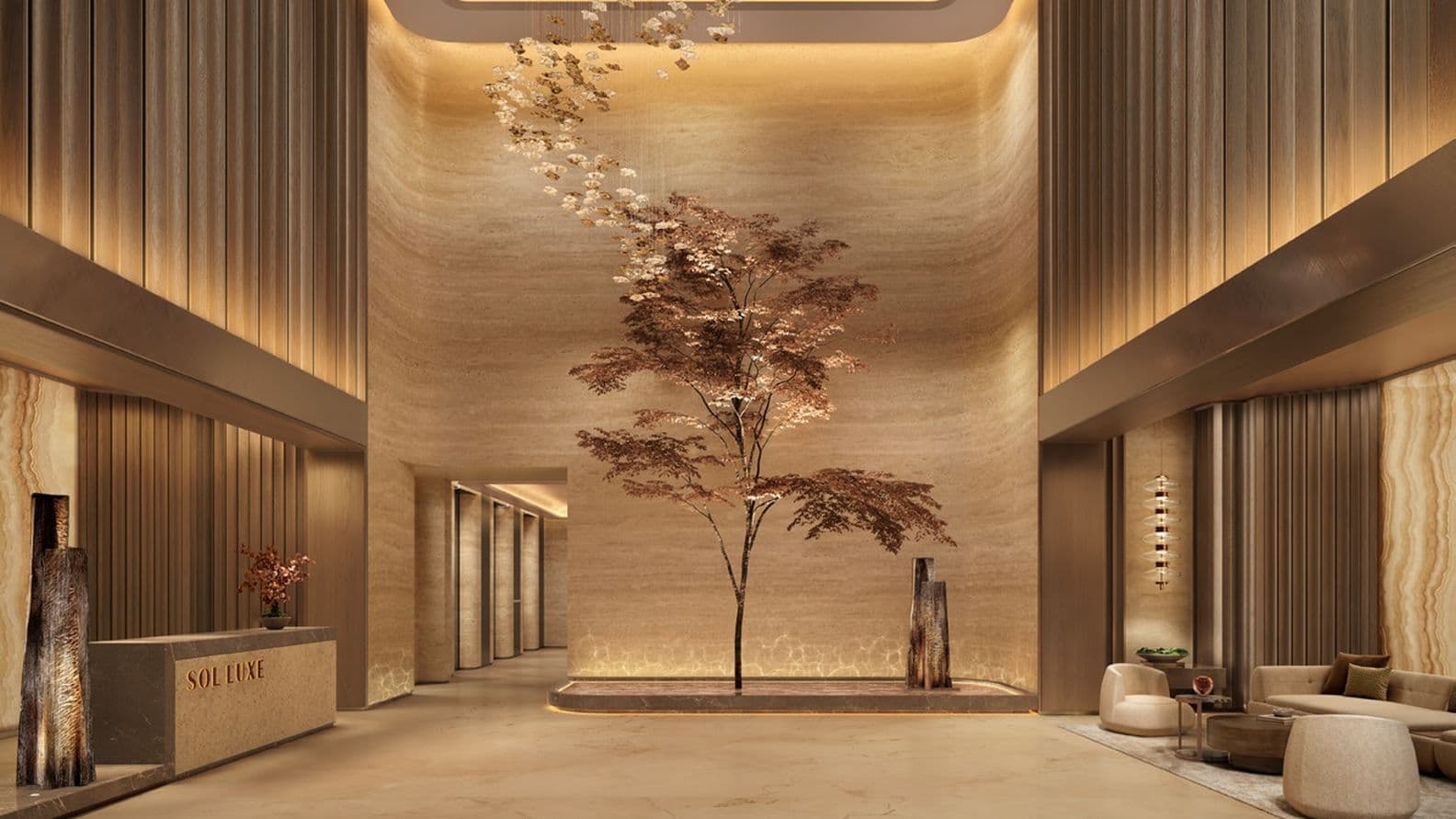 Luxurious lobby with a central tree, elegant lighting, marble accents, and modern furniture. Reception desk labeled "SOL LUXE" on the left.