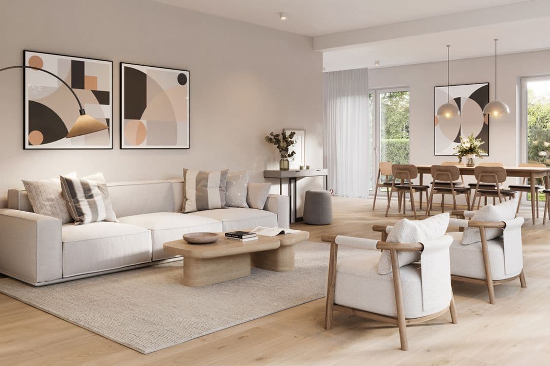 Offenes Wohn- und Esszimmer in Zürich mit geometrischen Stilelementen und Beige-Tönen zur Vermietung