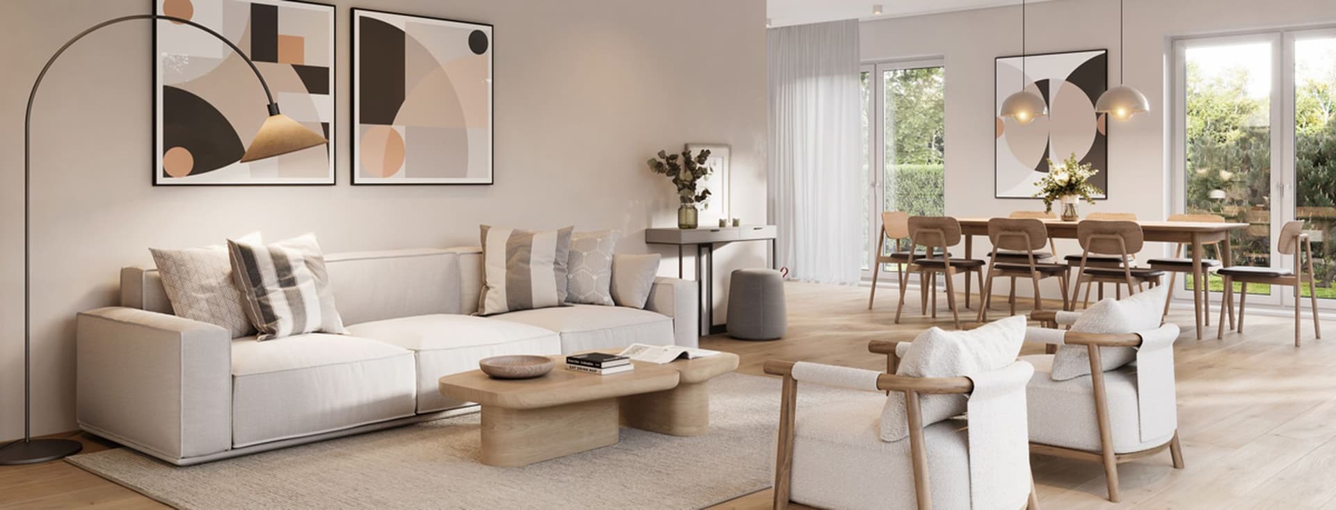 Intérieur spacieux et luxueux d'un salon moderne en 3D. Image générée numériquement d'un salon entièrement meublé.