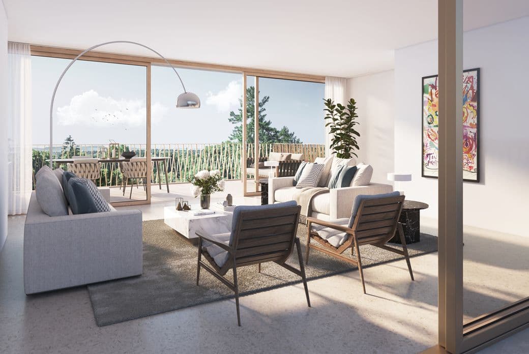 Modernes Neubauprojekt von innen mit Wintergarten und modernen Möbeln, Blick auf die Landschaft