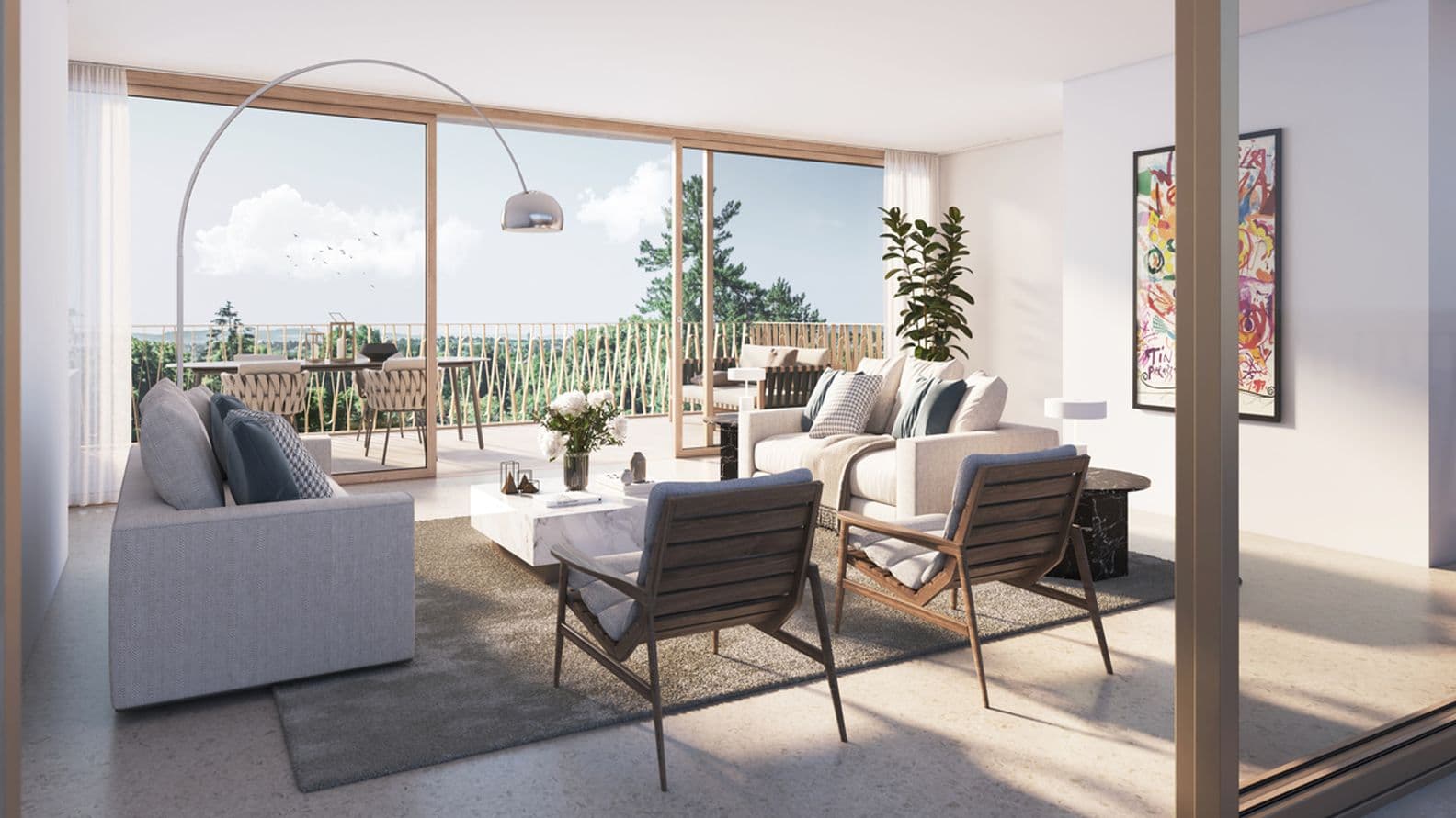 Modern new building project from the inside with conservatory and modern furniture, view of the countryside