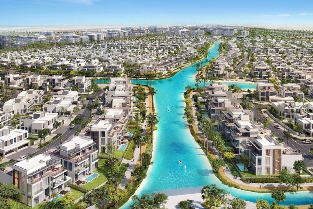 Dubai South - South Bay community showing lagoon and villas, an emerging investment hotspot in Dubai.