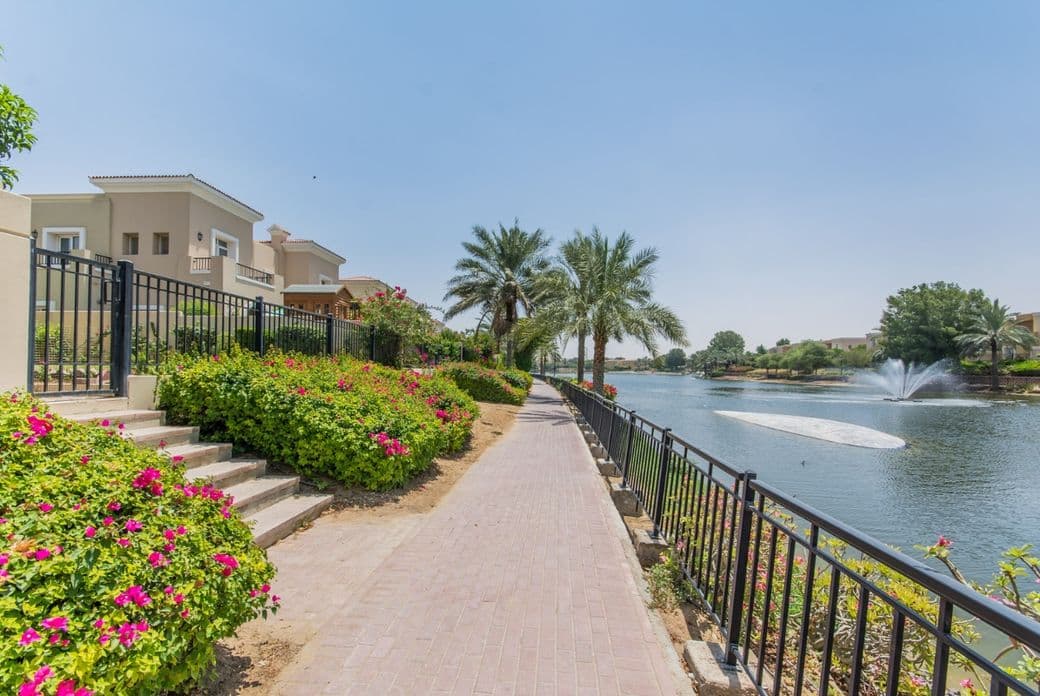 Pathway along a lakeside with blooming flowers, palm trees, and a fountain in the water, bordered by a black fence and residential buildings.