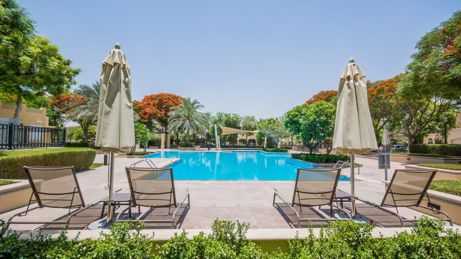 Community Pool and sun loungers in Arabian Ranches
