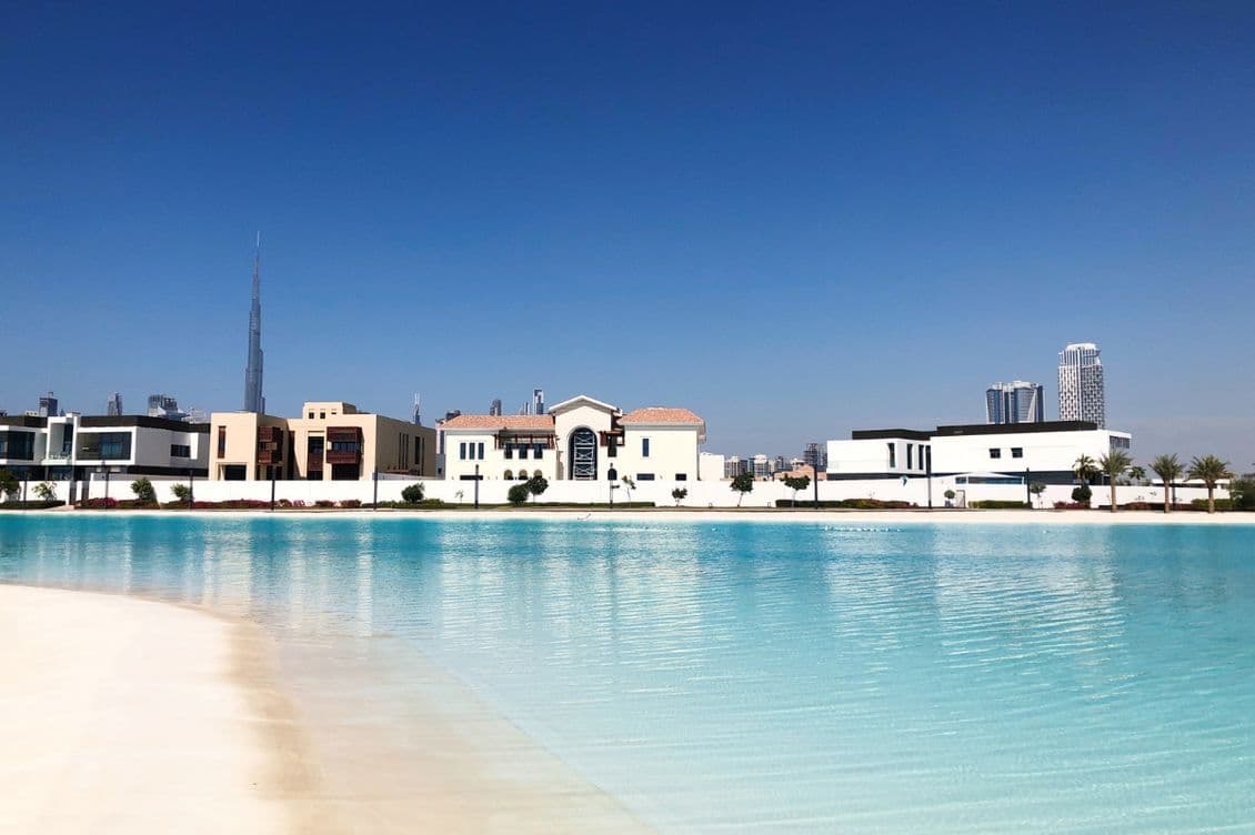 District One Crystal Lagoon with luxury villas and Burj Khalifa view