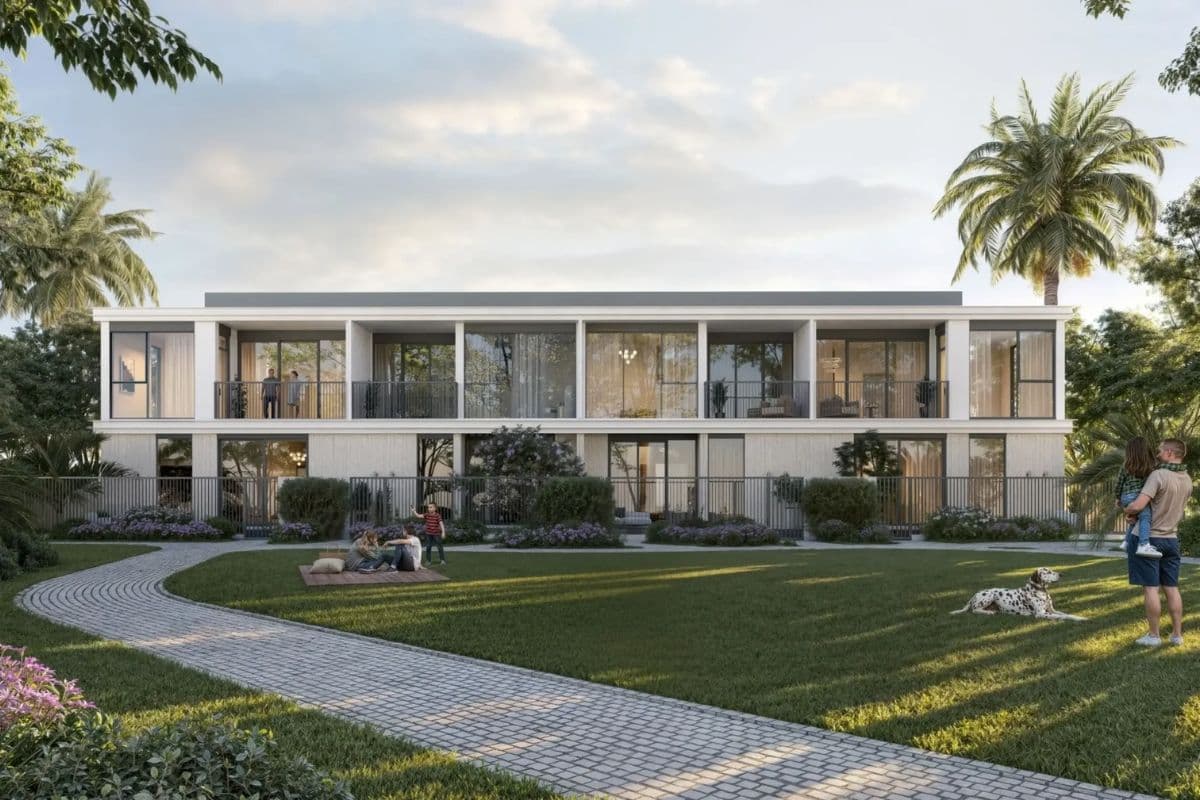 Wunderschöner Park und moderne Stadthäuser in Greenridge, Beispiele für Emaars Off-Plan-Immobilie in Dubai.