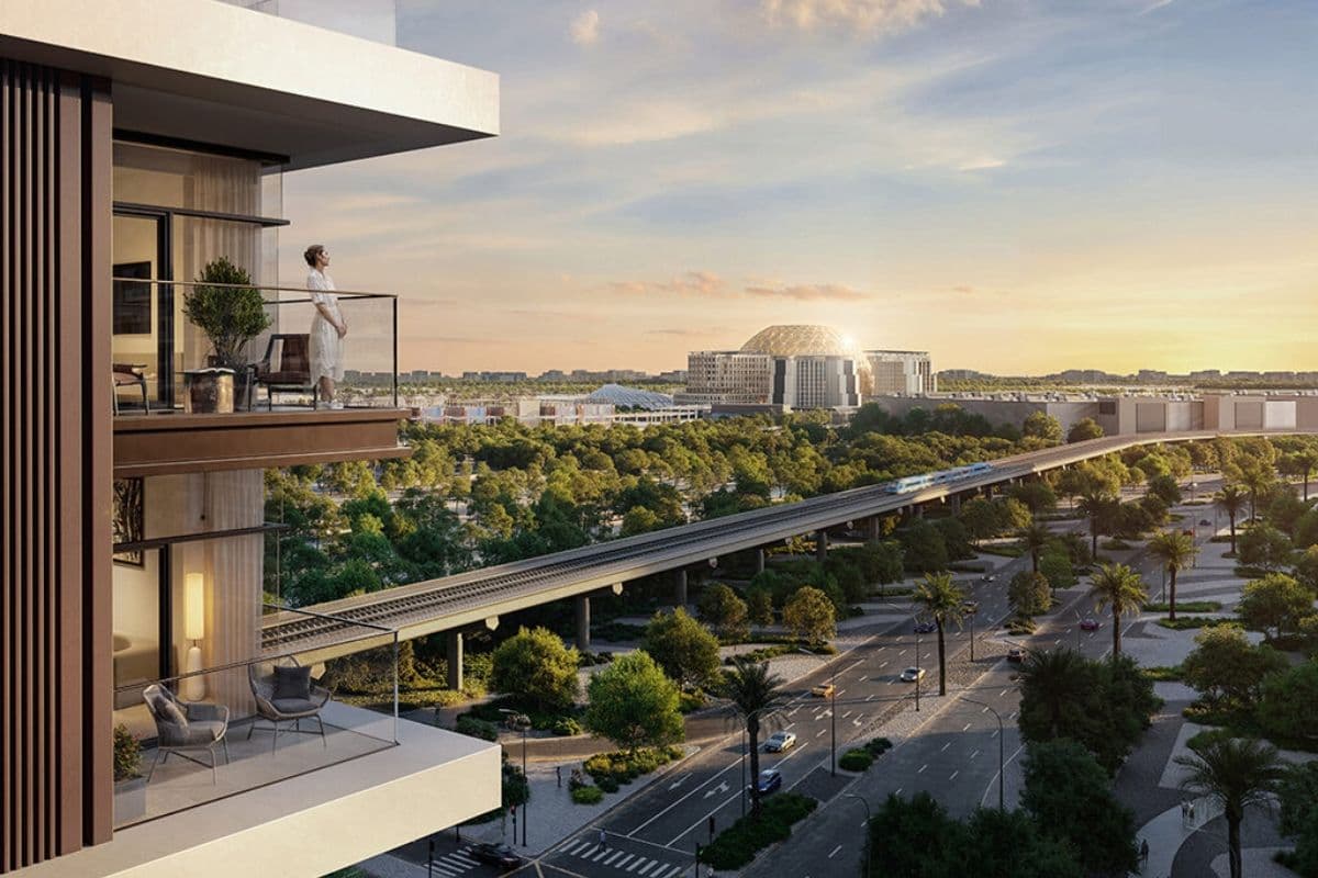 Atemberaubende Aussicht auf Expo City vom Balkon von Terra Heights, ein Highlight der Off-Plan-Immobilie von Emaar in Dubai.