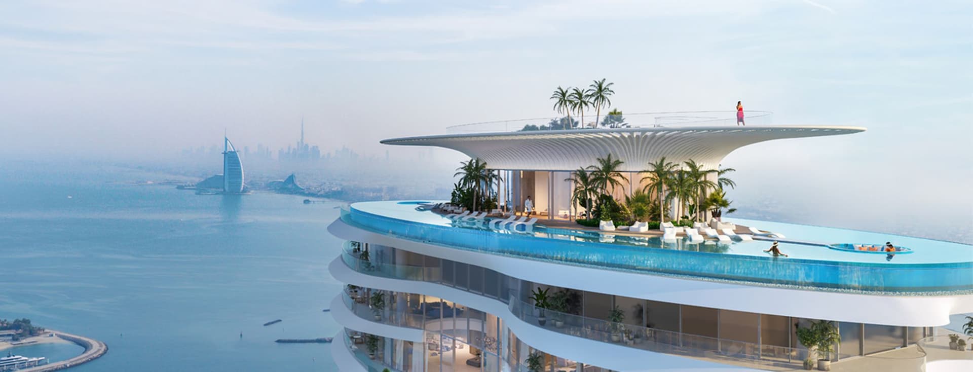 A stunning render of Como Residences, an off-plan project in Palm Jumeirah, featuring a rooftop pool with panoramic views of the Arabian Sea, Burj Al Arab, and Downtown Dubai.