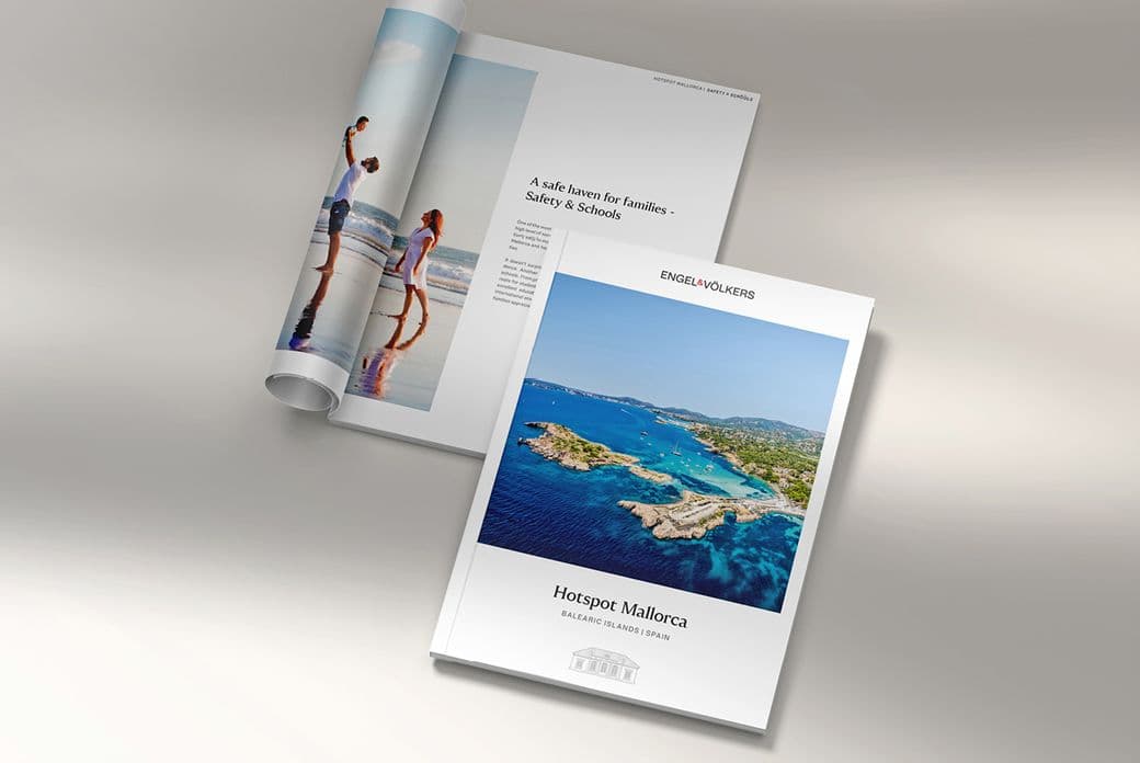 A beautifully designed brochure cover featuring scenic views of Mallorca's coastline, with rolling hills, lush greenery.
