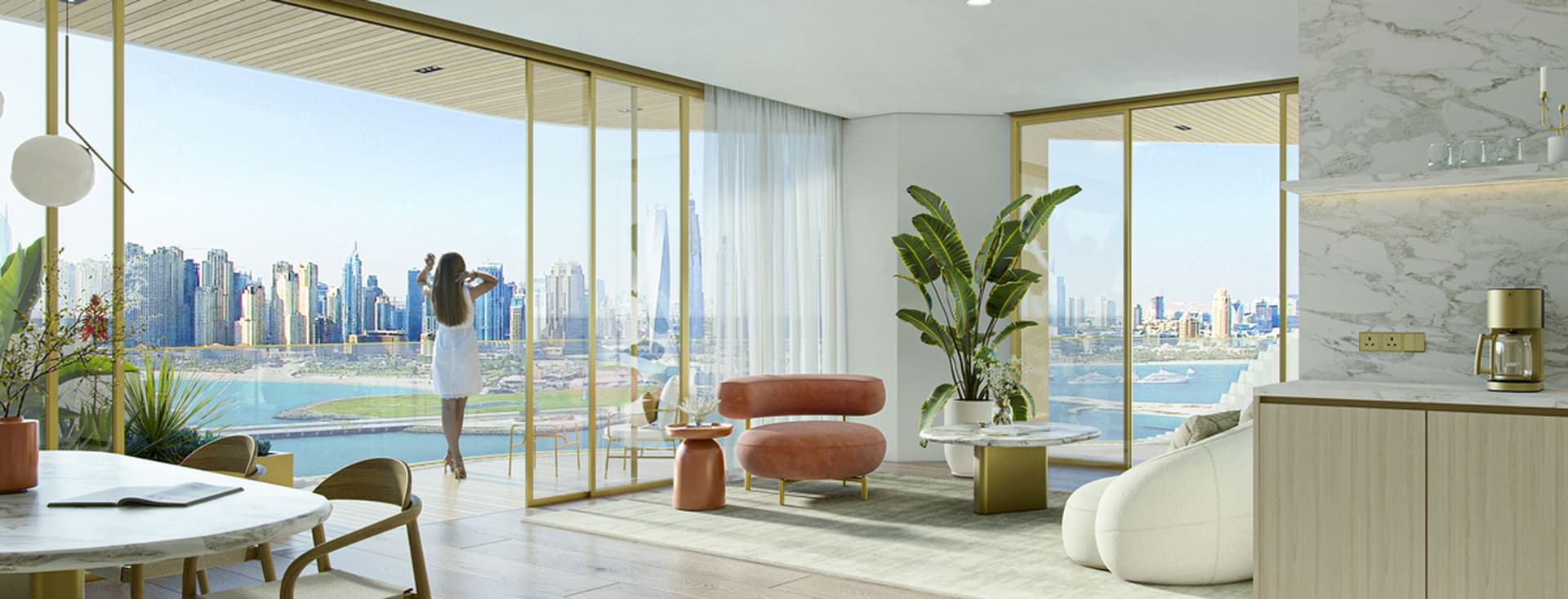 Modern living room with large windows, city skyline view, wooden floors, green plants, round table, and cozy seating. Woman on balcony.