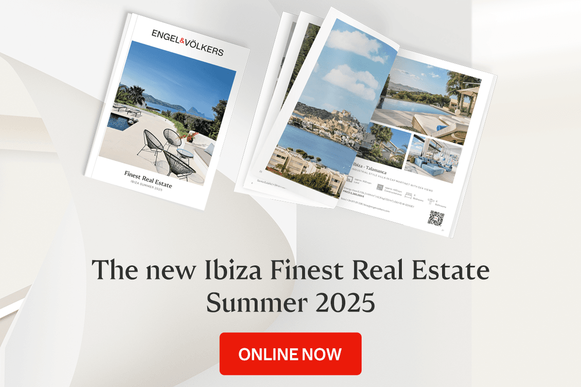 Cover and inside pages of the Engel & Völkers brochure “Finest Real Estate Ibiza Summer 2025” featuring exclusive properties and the note “Online Now”.