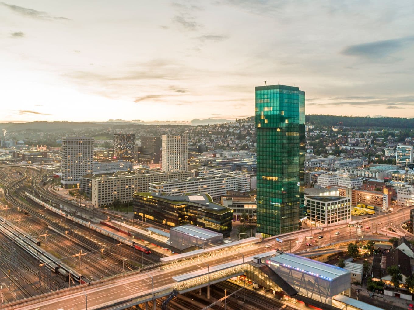 Aerial view of Zurich Hardbrücke, Prime Tower, Panorama