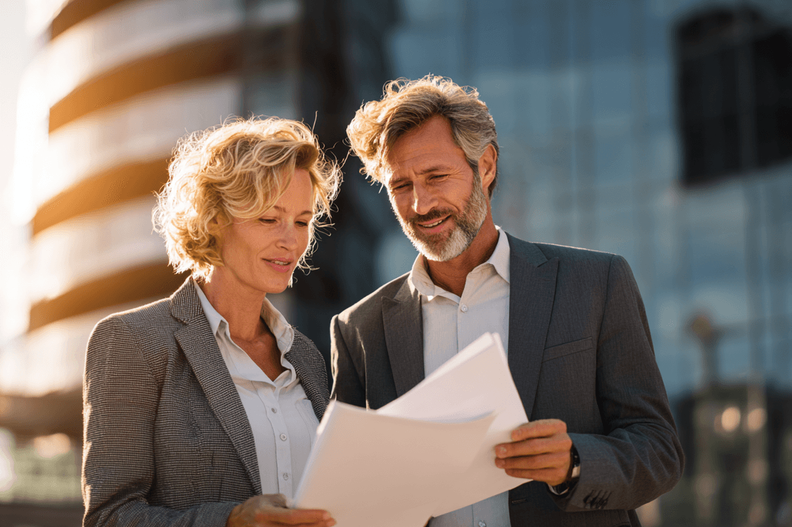 Two business professionals, a man and woman in suits, review documents outside a modern glass office building in sunlight. AI-generated image