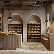 Warm rustic bakery interior with wooden slatted counter, arched shelves filled with loaves and a glass pastry display case.