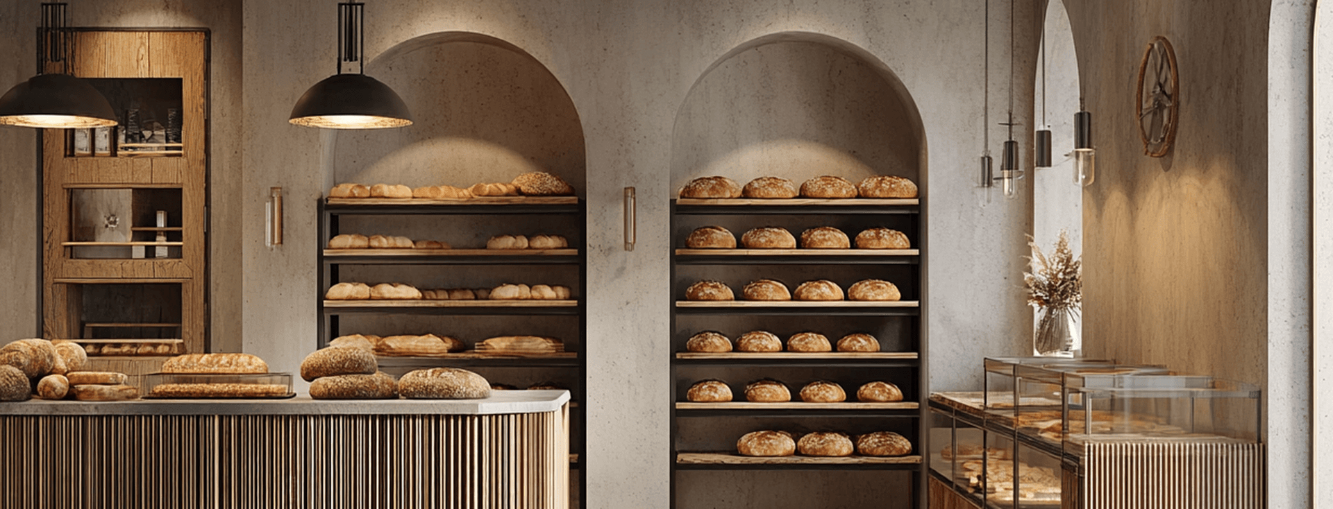 Warm rustic bakery interior with wooden slatted counter, arched shelves filled with loaves and a glass pastry display case.