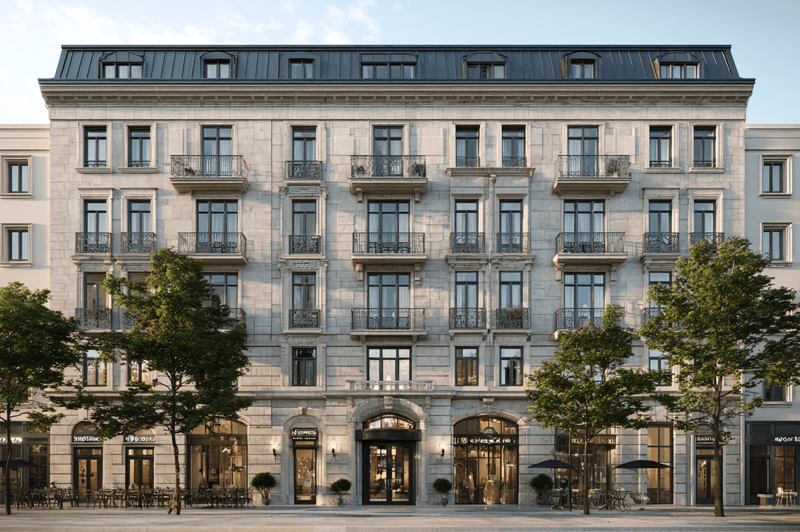 Elegant multi-story stone building with ornate balconies, symmetrical windows, and trees lining the entrance, under a clear blue sky.