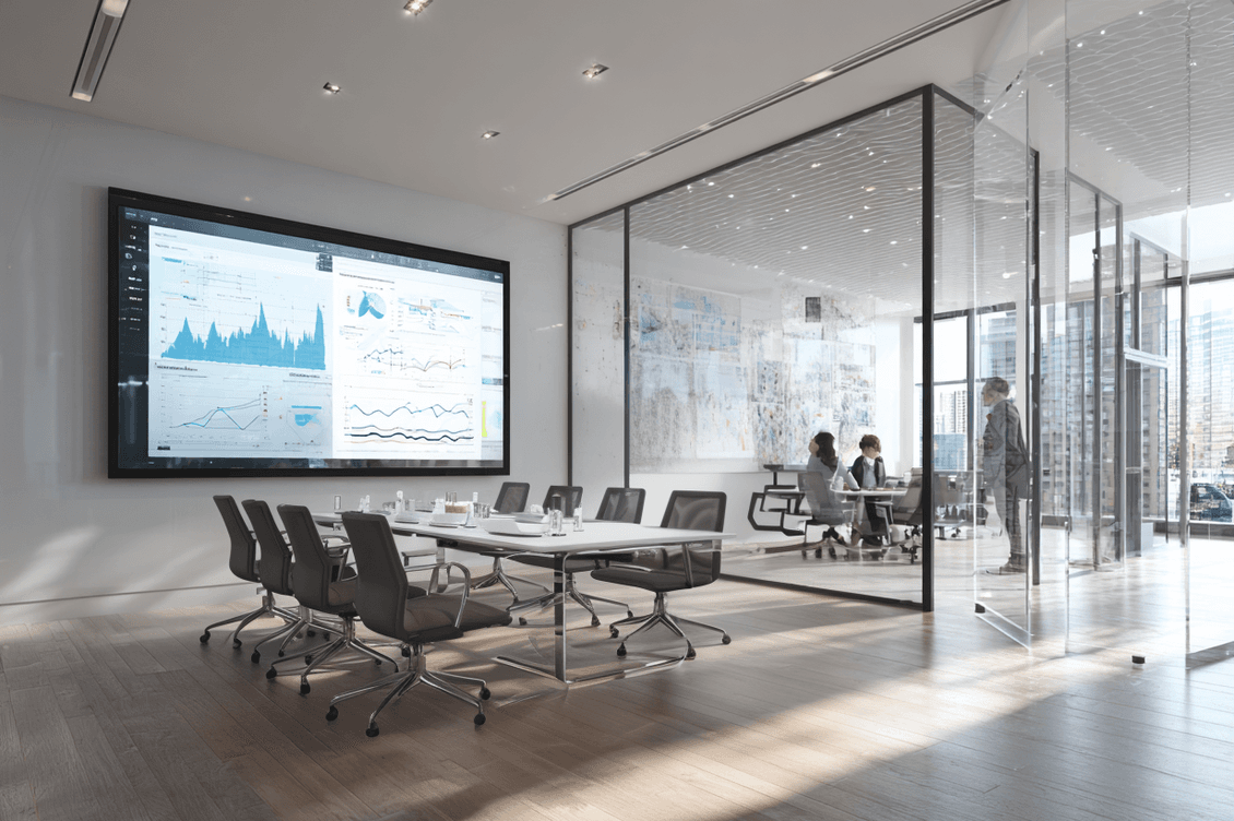A bright empty meeting room, with a screen showcasing graphs.