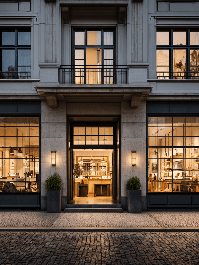 Facade of a modern cafe with large windows, warm lighting, and decorative plants by the entrance, seen from across a cobblestone street.