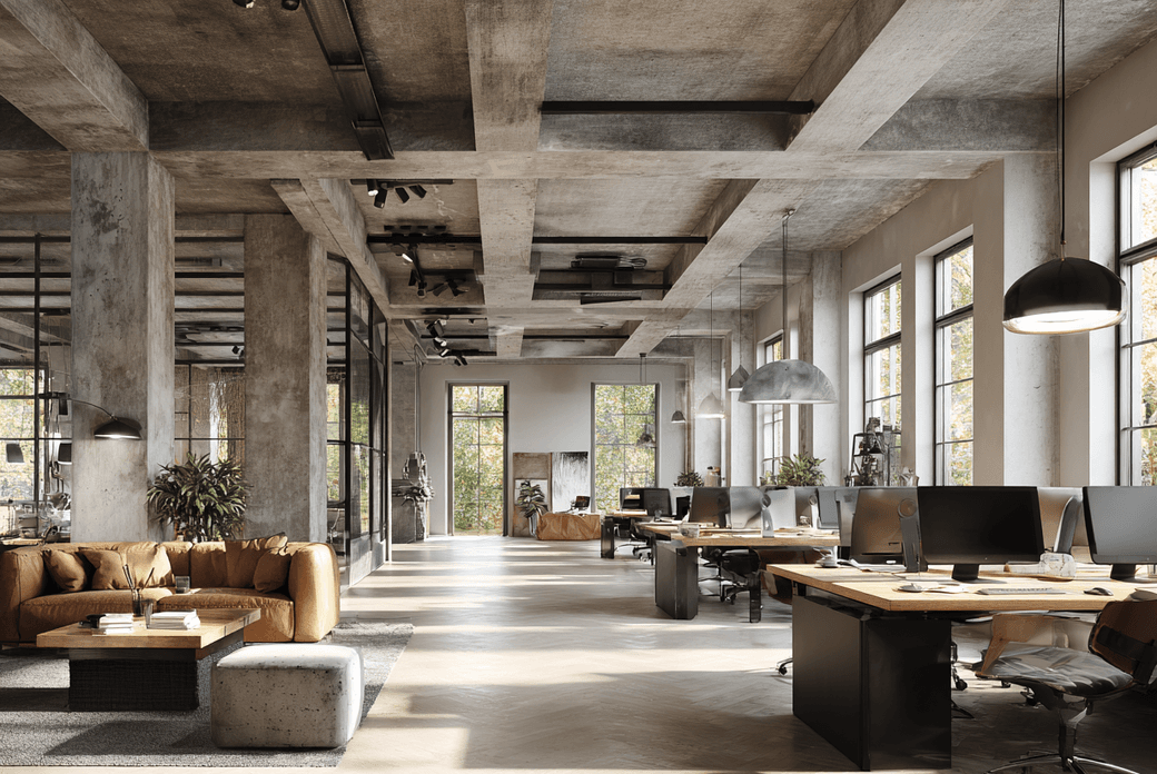 Modern open-plan office with industrial elements, featuring large windows, ceiling lights, multiple workstations, and a cozy seating area.