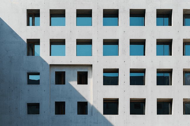 Facade of a building with a grid of square windows. A diagonal shadow creates a contrast across the light gray concrete surface.
