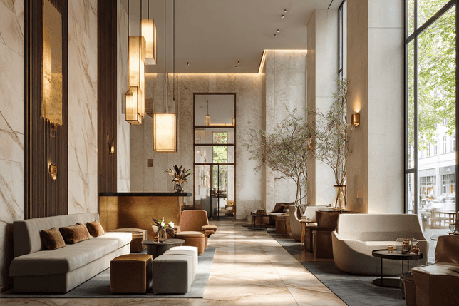 Luxurious hotel lobby with modern seating, warm lighting, large windows, and marble walls. Greenery adds a touch of nature to the elegant space.