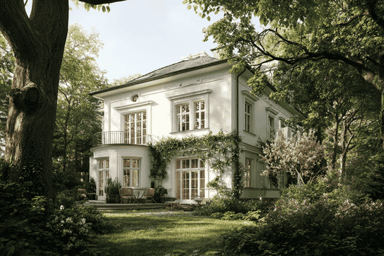 White villa with a garden, photographed in soft daylight.
