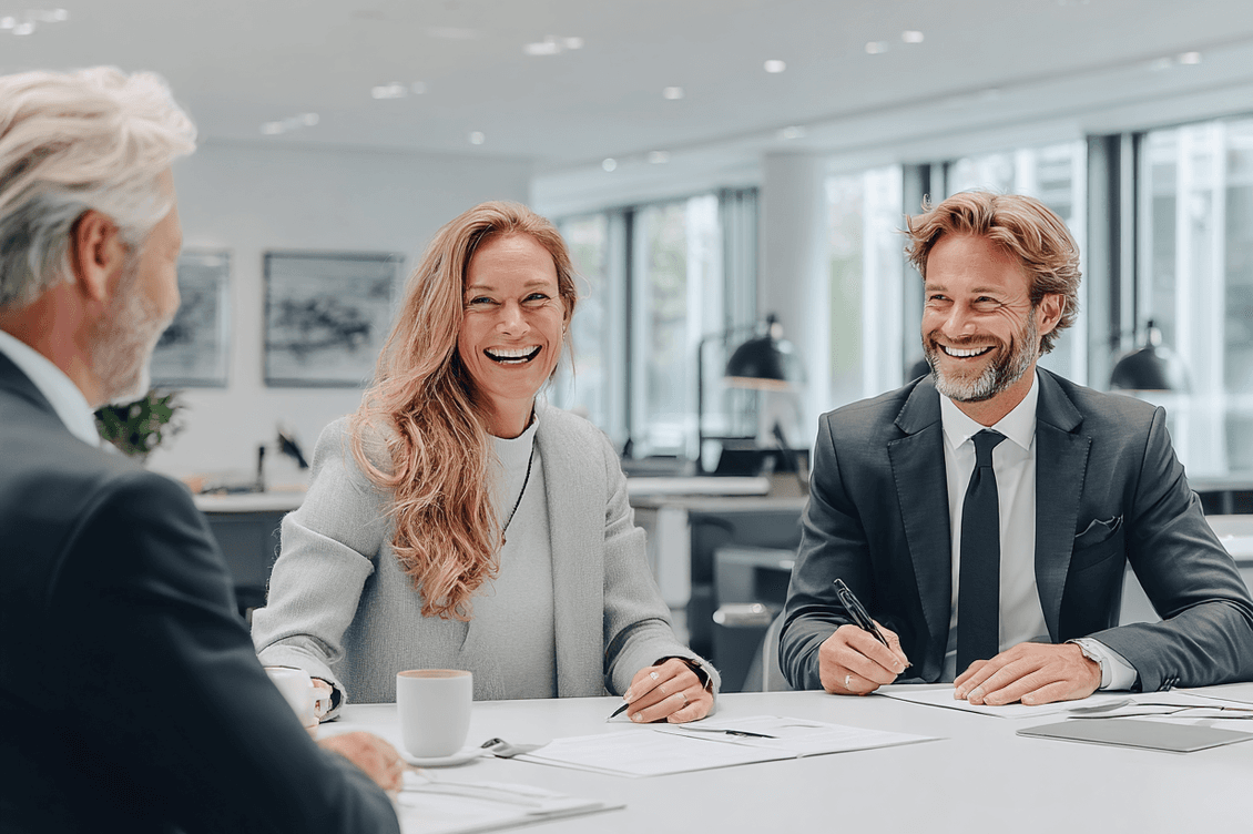 Three people in formal attire sit at a table in a bright office, engaged in a lively meeting, with papers and a coffee cup in front.