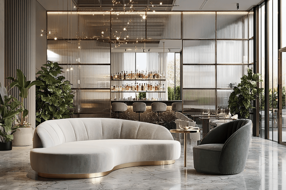 Modern lounge with a curved white sofa, green armchair, marble floor, glass walls, potted plants, and a sleek bar with bottles and stools in the background.