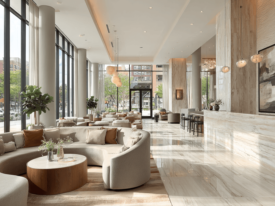 Modern hotel lobby with large windows, elegant curved sofas, round wooden tables, and marble flooring. Bright, airy atmosphere with natural light.