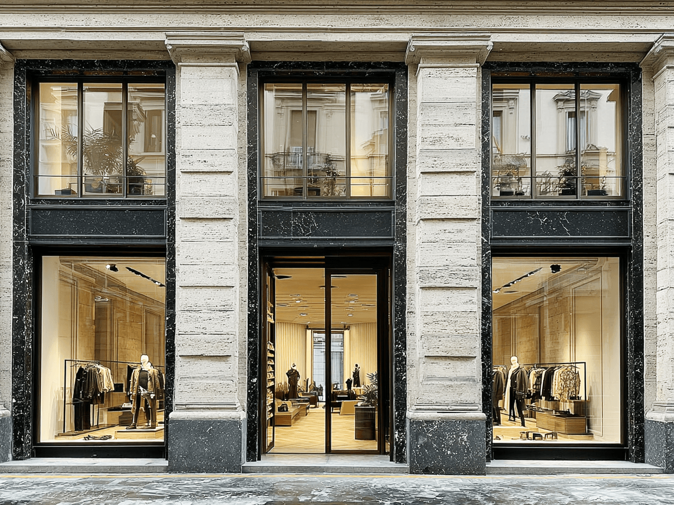 Elegant storefront with large glass windows displaying stylish clothing on mannequins. Classic architecture and bright interior lighting.